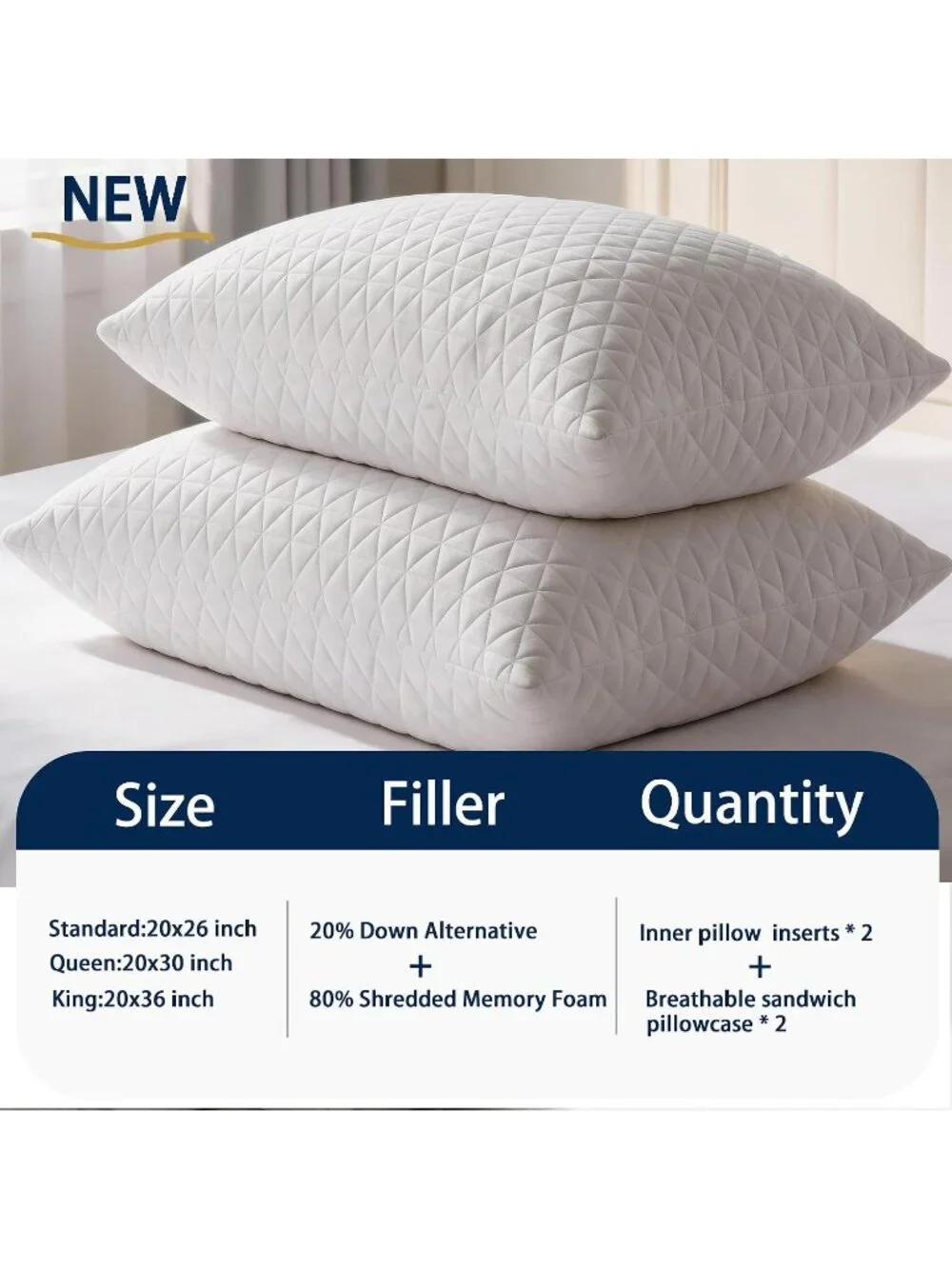 〽️Memory Foam Pillows Standard Size Set of 2 Firm Adjustable Cooling Bed Pillow